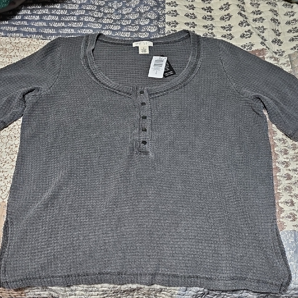 NWT Torrid FESTI Waffle Knit Henley,Deep Black,Size 0/L/12
